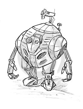 Black Grunge Rough Pencil Sketch of Cute Funny Robot