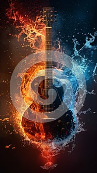 black guitar with dynamic elements of fire and water