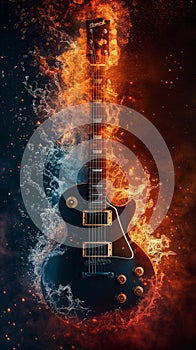 black guitar with dynamic elements of fire and water