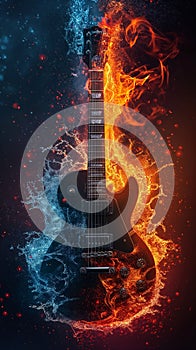 black guitar with dynamic elements of fire and water