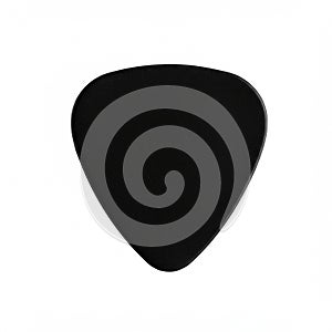 A black guitar pick with a smooth texture, featuring a triangular shape with rounded