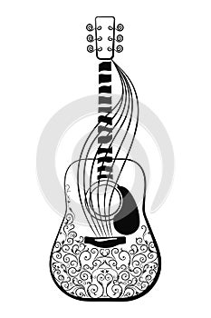 Black guitar on a white background. Ornamented guitar, vector