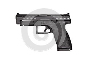 Black gun pistol isolated on white background. Short-barreled weapons for sports and self-defense. Armament for police units,