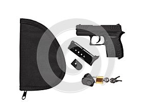 Black gun pistol isolated on white background. Short-barreled weapons for sports and self-defense. Armament for police units,