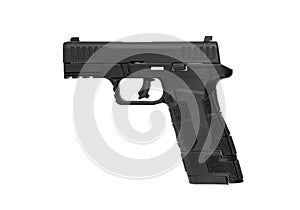 Black gun pistol isolated on white background. Short-barreled weapons for sports and self-defense. Armament for police units,