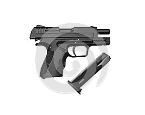 Black gun pistol isolated on white background. Short-barreled weapons for sports and self-defense. Armament for police units,