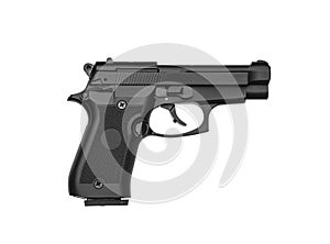 Black gun pistol isolated on white background. Short-barreled weapons for sports and self-defense. Armament for police units,