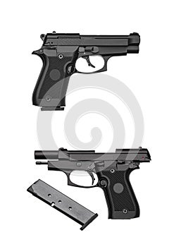 Black gun pistol isolated on white background. Short-barreled weapons for sports and self-defense. Armament for police units,