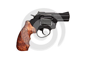 Black gun pistol revolver isolated on white back. Short-barreled weapons for sports and self-defense. Armament for police units,