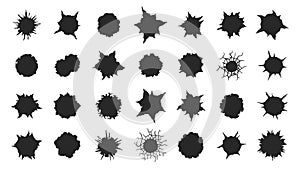 Black gunshot holes. Bullet shot damaged elements on metallic surface, gun pistol bullethole silhouettes target shooting photo