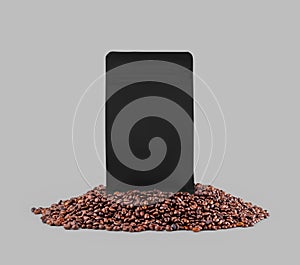 Black gusset packaging mockup on coffee beans, isolated on background, close up