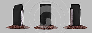 Black gusset packaging mockup with transparent inserts, on coffee beans, set isolated on background
