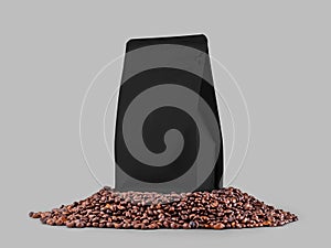 Black gusset packaging mockup with zip fastener, on coffee beans, isolated on background