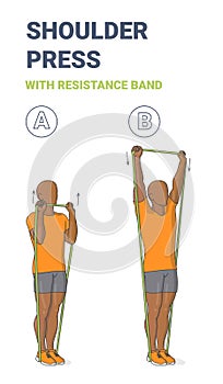 Black Guy Doing Shoulder Press Home Exercise with Resistance Band Guidance. Exercise with Loop.