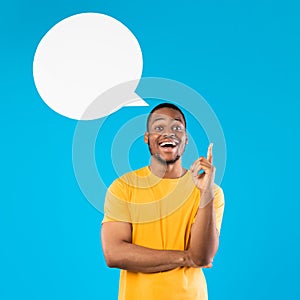 Black Guy Having Idea Posing With Speech Bubble, Blue Background