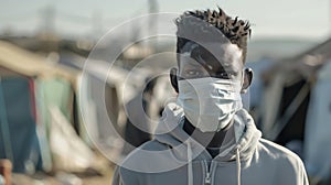 A black guy in a protective medical mask on his face stands in front of a tent. A volunteer in a refugee camp