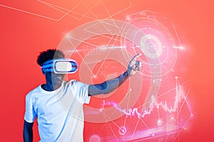 Black guy using VR headset, pressing hologram, collage