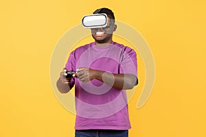 black guy in virtual reality game wearing VR headset, studio