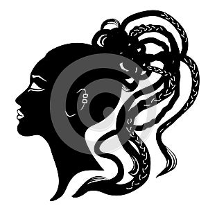 Black hair and pigtail, braided, cornrows hair style. Silhouette of woman side view face. Vector illustration isolated