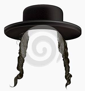 Black hair sidelocks mask wig hassid in hat .