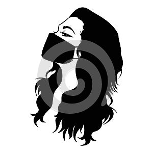 Black hair waving in the wind icon, silhouette of a girl with protection mask vector, coronavirus