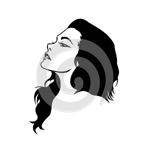 Black hair waving in the wind icon, silhouette of a girl with wavy hair vector,