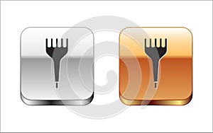 Black Hairbrush icon isolated on white background. Comb hair sign. Barber symbol. Silver-gold square button. Vector