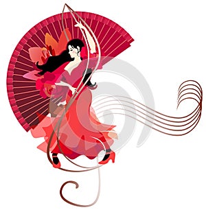 A black-haired gypsy girl in a long red dress with flounced sleeves in the shape of roses is dancing flamenco