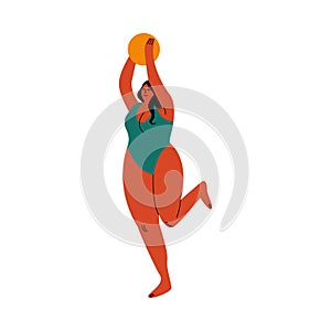 A black-haired plump woman in swimsuit playing on a beach with a ball. Vector illustration in flat cartoon style