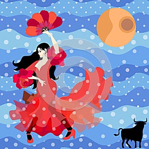 Black-haired Spanish girl dressed in long red dress with flounces in form of roses and with fan in her hands, is dancing flamenco