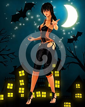 Black haired witch dancing under the moon