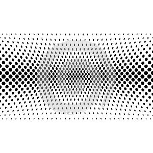 Black halftone bilinear horizontal gradient line of dots in diagonal arrangement on white background. Retro abstract