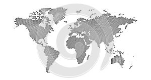 Black halftone circle dotted world map. Vector illustration. Dotted map in flat design. Vector illustration isolated on white