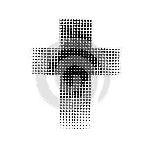 Black halftone cross on the white background. Christian symbol. Vector illustration.