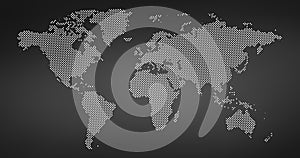 Black halftone dotted world map. Vector illustration. Dotted map in flat design. Vector illustration isolated on black background