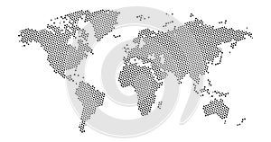 Black halftone hexagon dotted world map. Vector illustration. Dotted map in flat design. Vector illustration isolated on white