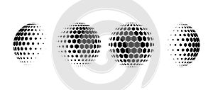 Black halftone pattern sphere collection. Hexagon wireframe 3d circle set. Grid globe element bundle. Round dotted shape