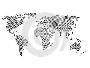 Black halftone world map of small dots in radial arrangement. Simple flat vector illustration on white background