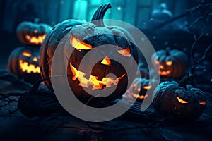 Black halloween pumkins, jack o\'lantern creepy smile in the forest, happy halloween realistic 3d illustration. Generative AI