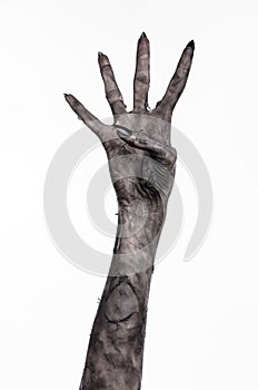 Black hand of death, the walking dead, zombie theme, halloween theme, zombie hands, white background, mummy hands