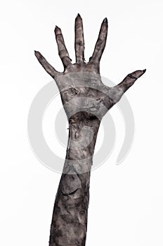 Black hand of death, the walking dead, zombie theme, halloween theme, zombie hands, white background, mummy hands