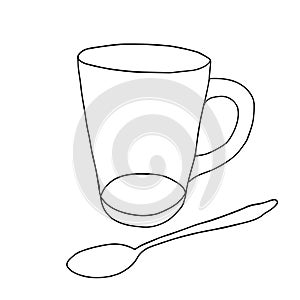Black hand drawing illustration of a glass transparent empty cup for hot tea or coffee with a spoon isolated on a white