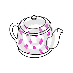 Black hand drawing illustration of a metal or clay kettle with pink abstract pattern and hot water for tea or coffee isolated on a
