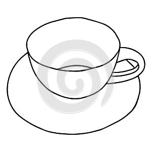 Black Hand drawing outline vector illustration of a empty cup for hot coffee or tea with a plate isolated on a white