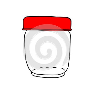 Black hand drawing vector illustration of a glass empty jar with a red lid isolated on a white background