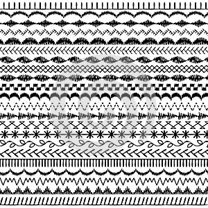 Black hand drawn embroidery stitch border patterns