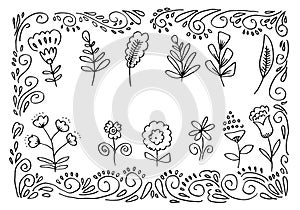 Black Hand Drawn Flower Frame Border with Chrysanthemum, Bellflower, Hibiscus Flower, Branches, Plants. Decorative Outlined Vector