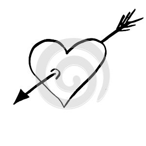 Black hand drawn heart and arrow on white background. Vector des