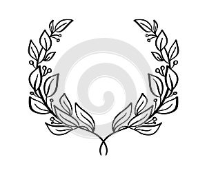 Black hand drawn laurel wreath branch frame. depicting achievement, heraldry, logo. Vector line illustration