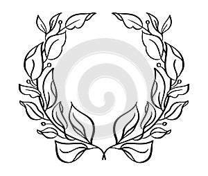 Black hand drawn laurel wreath heraldic frame. depicting an award, achievement, logo. Vector line illustration